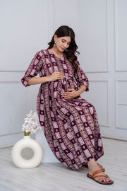 Nayo Fab Burgundy Printed Maternity Dress For Women