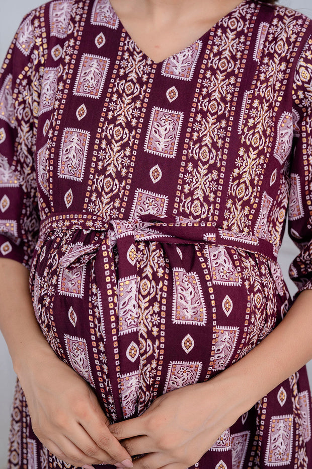 Nayo Fab Burgundy Printed Maternity Dress For Women