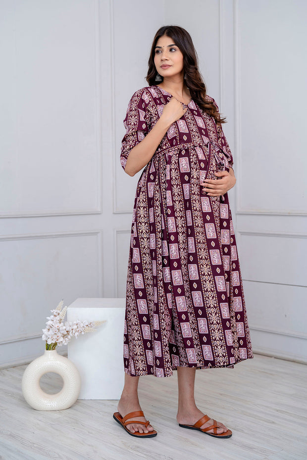 Nayo Fab Burgundy Printed Maternity Dress For Women