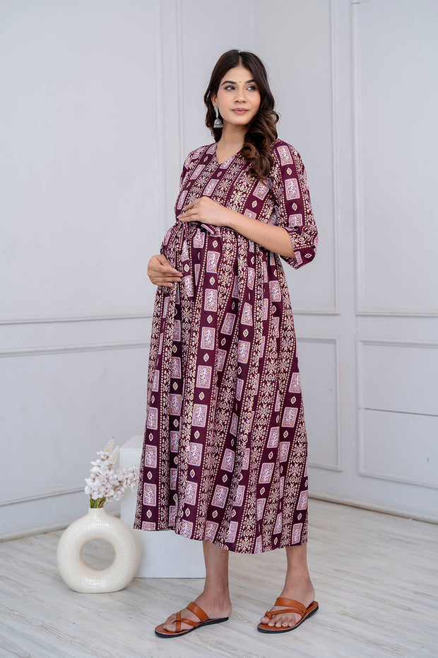 Nayo Fab Burgundy Printed Maternity Dress For Women