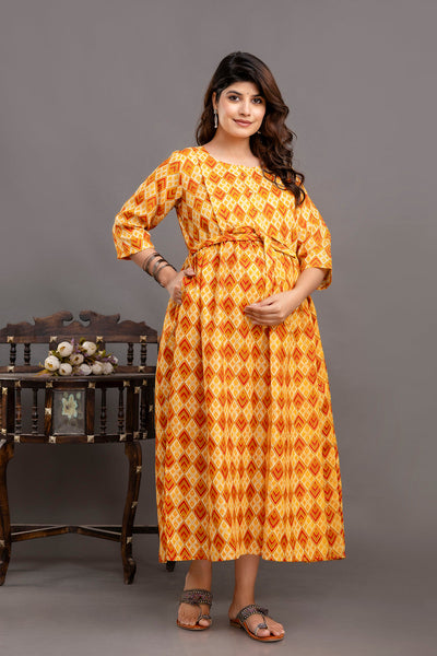 Nayo Fab Yellow Printed Maternity Dress For Women