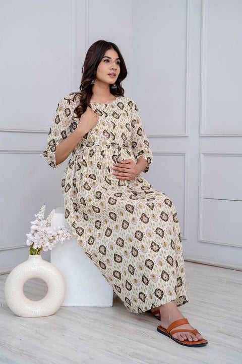 Nayo Fab Off White Printed Maternity Dress For Women