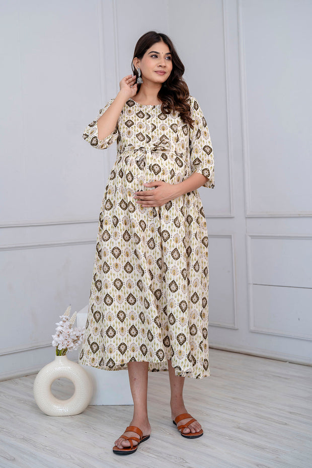 Nayo Fab Off White Printed Maternity Dress For Women