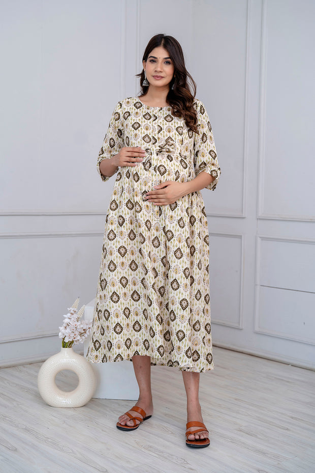 Nayo Fab Off White Printed Maternity Dress For Women