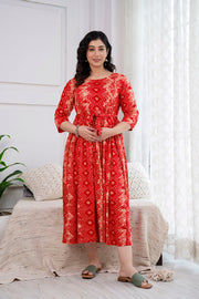 Red Printed Maternity Dress For Women