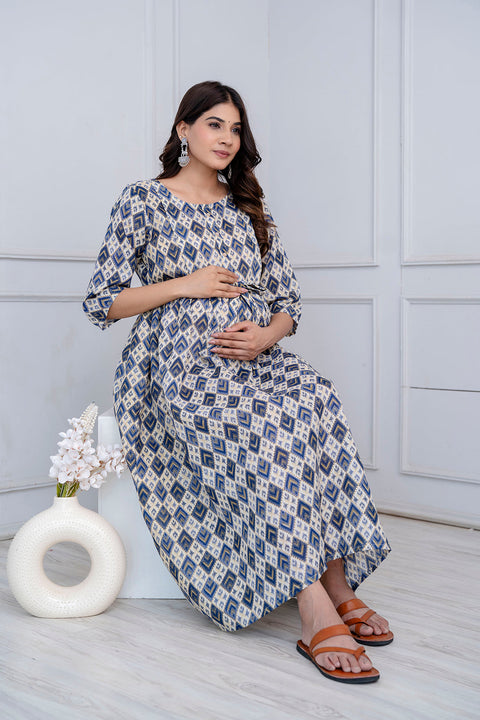 Nayo Fab Blue Printed Maternity Dress For Women