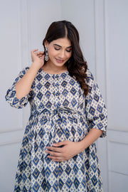 Nayo Fab Blue Printed Maternity Dress For Women