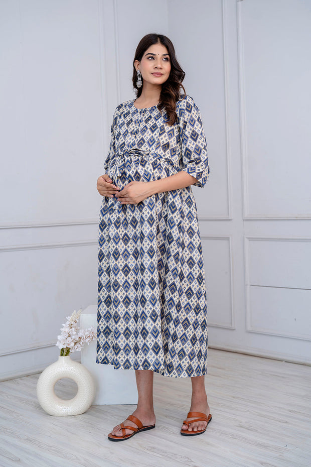 Nayo Fab Blue Printed Maternity Dress For Women