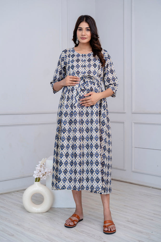 Nayo Fab Blue Printed Maternity Dress For Women