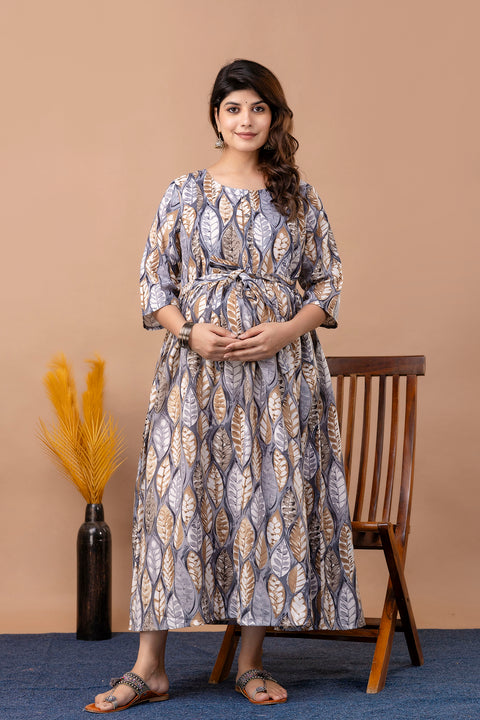 Nayo Fab Grey Printed Maternity Dress For Women