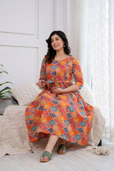 Orange Printed Maternity Dress For Women