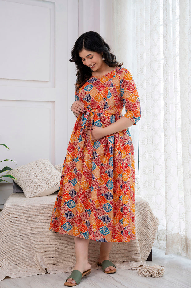 Orange Printed Maternity Dress For Women