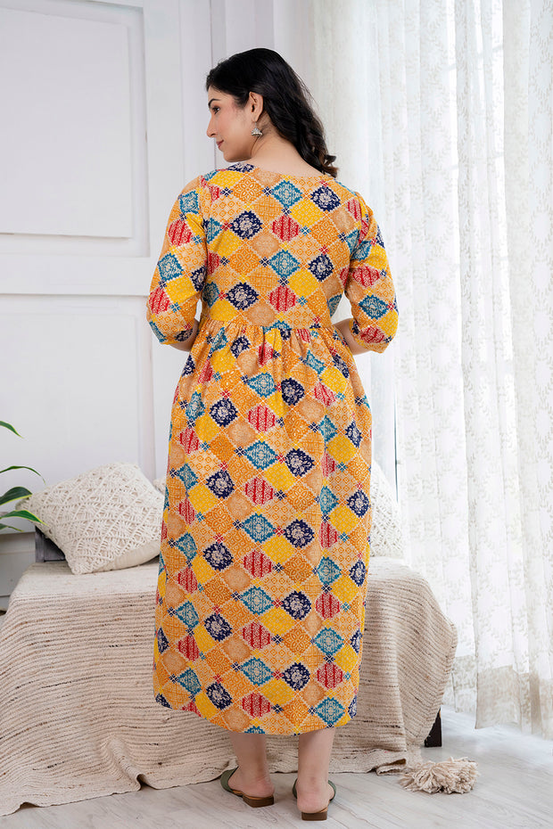 Yellow Printed Maternity Dress For Women