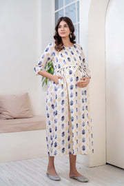 Women Off White Printed Flared Maternity Dress