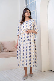 Women Off White Printed Flared Maternity Dress