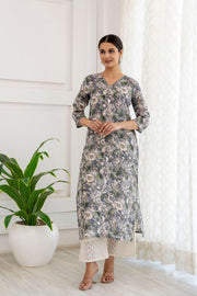 Women Grey Printed Straight V-Neck Kurta