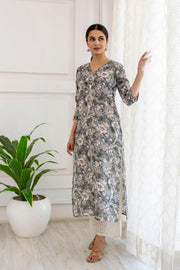 Women Grey Printed Straight V-Neck Kurta