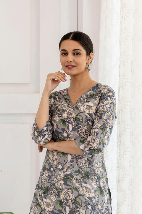 Women Grey Printed Straight V-Neck Kurta