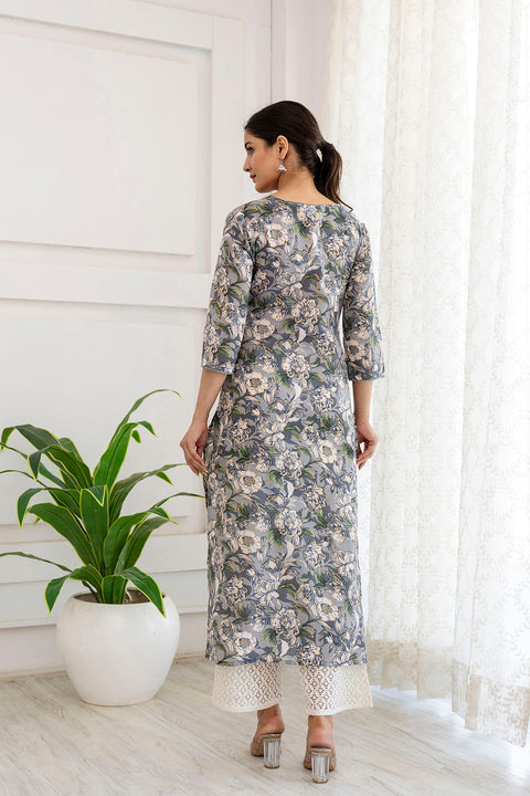 Women Grey Printed Straight V-Neck Kurta