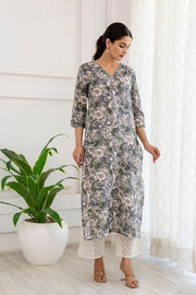 Women Grey Printed Straight V-Neck Kurta