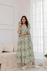 Women Green Abstract Printed Flared Dress