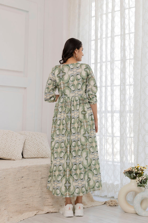 Women Green Abstract Printed Flared Dress