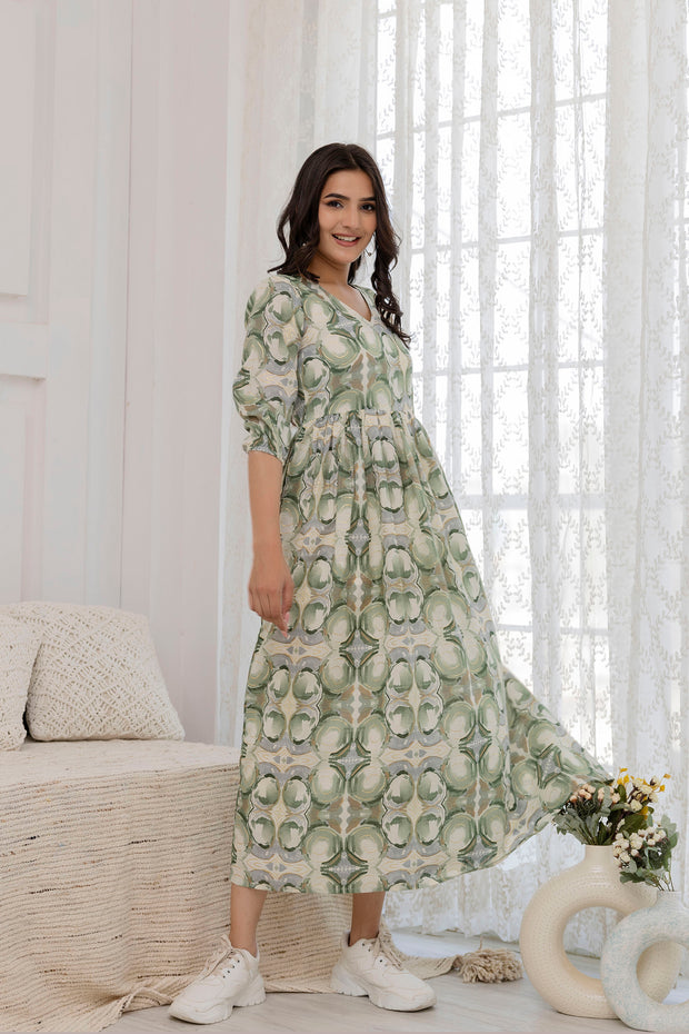 Women Green Abstract Printed Flared Dress