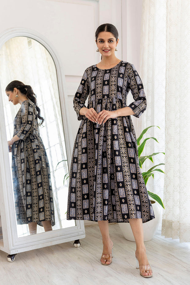 Women Black Ethnic Printed Flared Dress