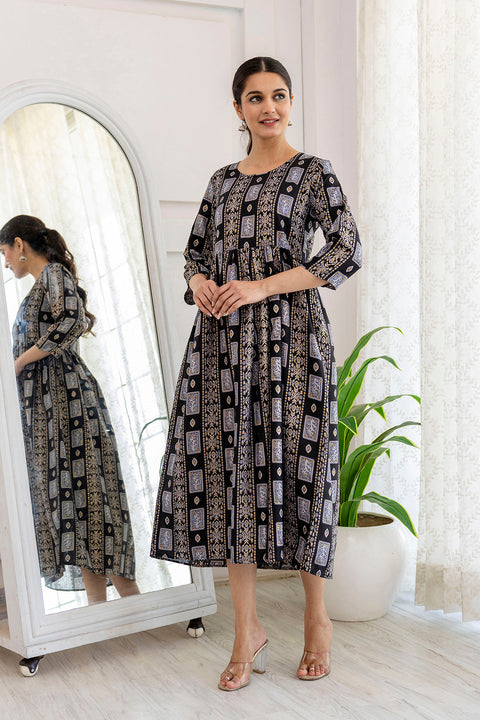 Women Black Ethnic Printed Flared Dress