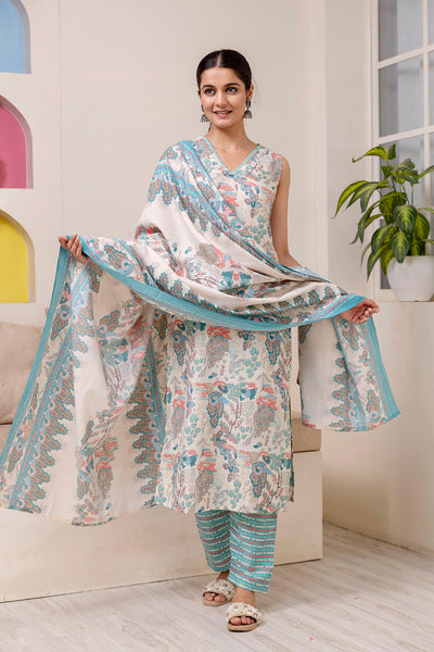 Women Off White Printed Straight Kurta With Trouser And Dupatta