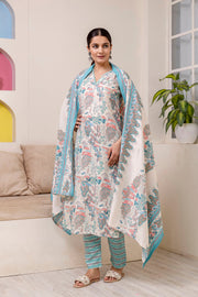 Women Off White Printed Straight Kurta With Trouser And Dupatta