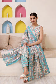 Women Off White Printed Straight Kurta With Trouser And Dupatta