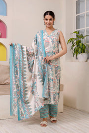 Women Off White Printed Straight Kurta With Trouser And Dupatta