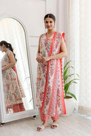 Women Off White Printed Straight Kurta With Trouser And Dupatta