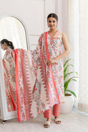 Women Off White Printed Straight Kurta With Trouser And Dupatta