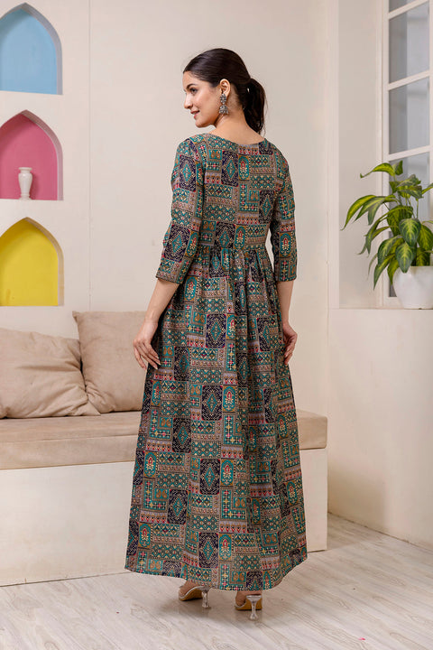 Women Green Abstract Printed Flared Dress