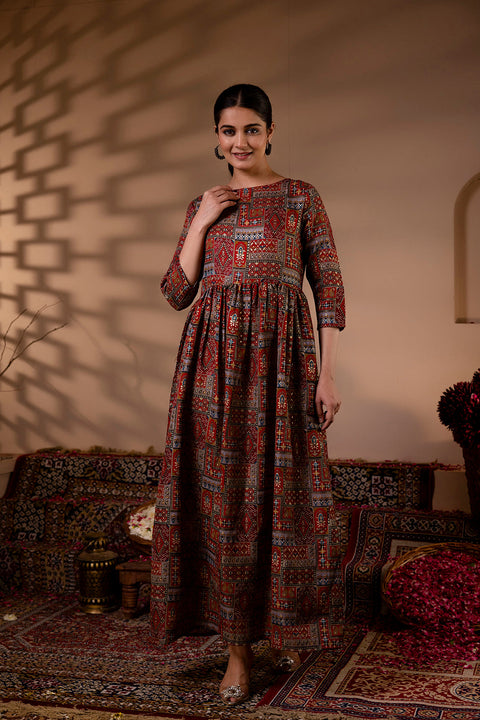 Women  Maroon Abstract Printed Flared Dress