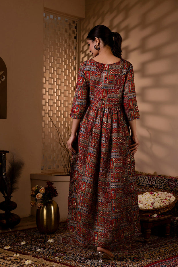 Women  Maroon Abstract Printed Flared Dress