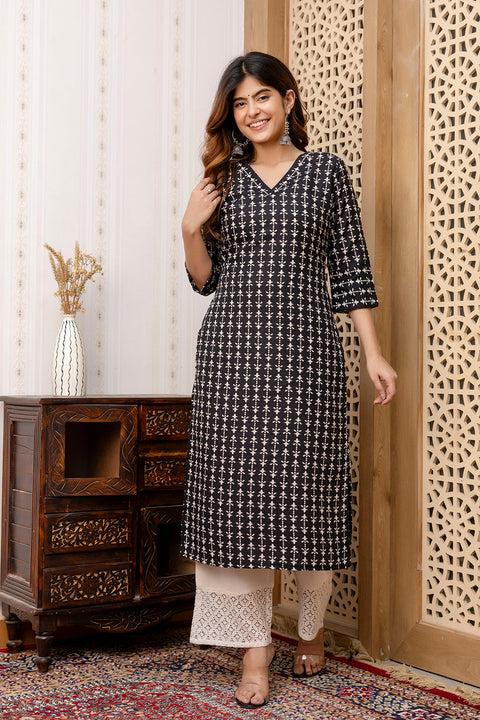 Women Black Printed Straight Kurta with Three Quarter Sleeves