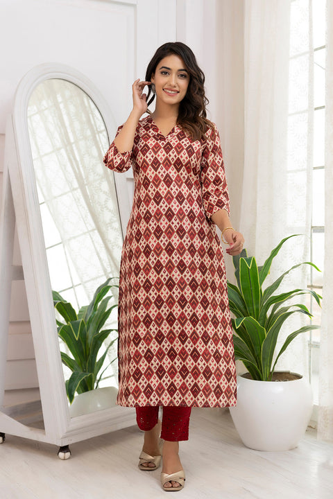 Women Maroon Printed Straight Kurta with Three Quarter Sleeves