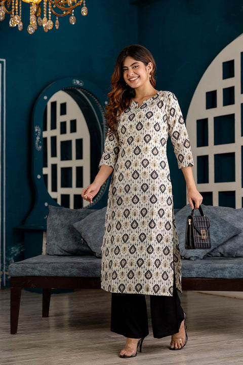 Women Off White and Black Printed Straight Kurta