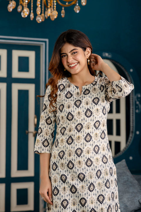 Women Off White and Black Printed Straight Kurta