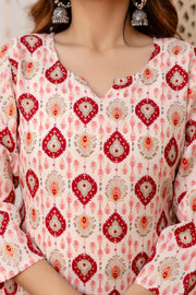 Women Maroon and Off White Printed Straight Kurta