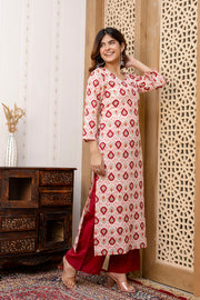 Women Maroon and Off White Printed Straight Kurta