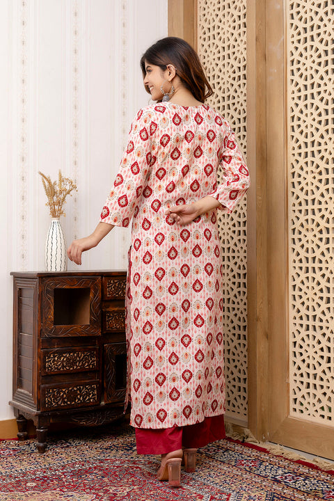 Women Maroon and Off White Printed Straight Kurta