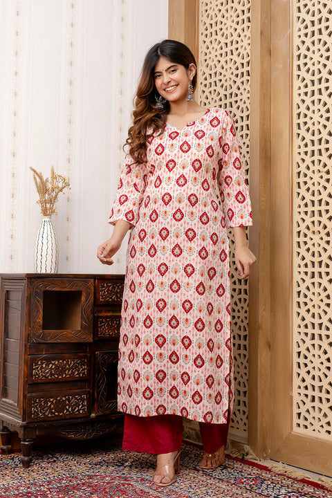 Women Maroon and Off White Printed Straight Kurta