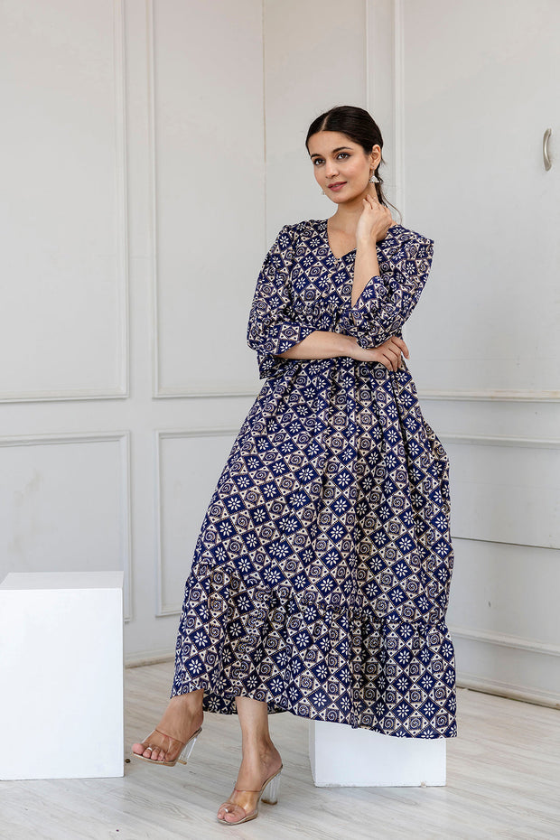 Women Blue Ethnic Printed Flared Dress