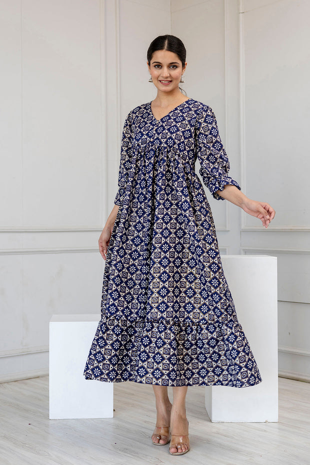 Women Blue Ethnic Printed Flared Dress