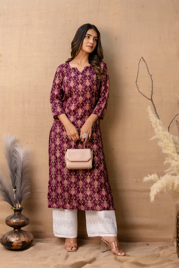 Women Burgundy Printed Straight Kurta