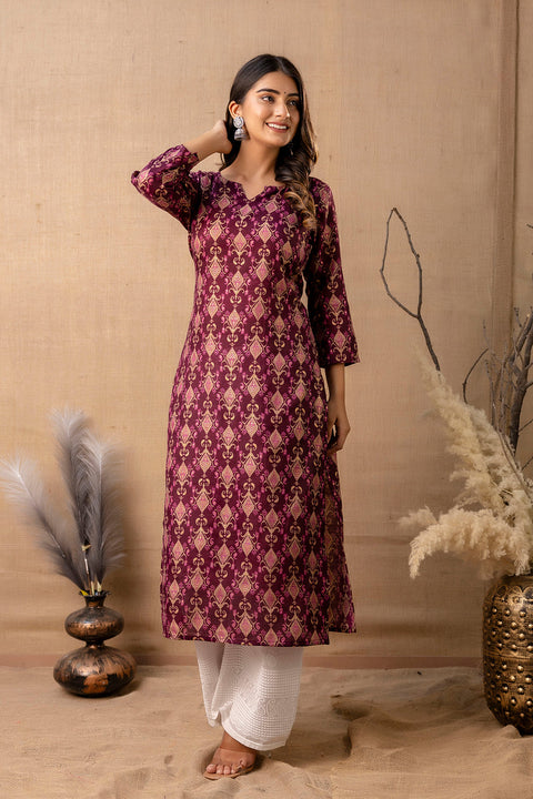 Women Burgundy Printed Straight Kurta